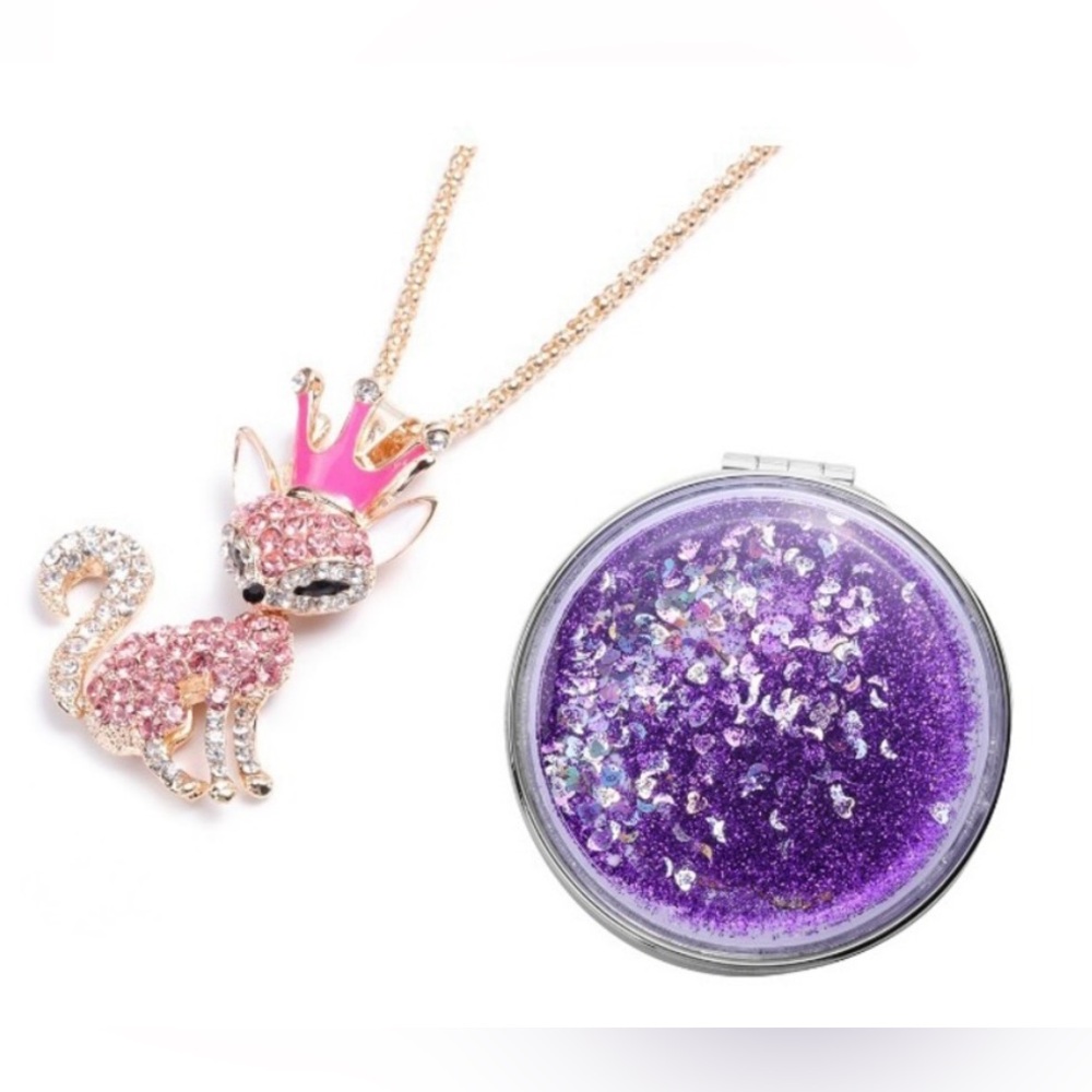 Pink Rhinestones & Enameled Queen Fox 
 Pendant Necklace & compact Mirror New